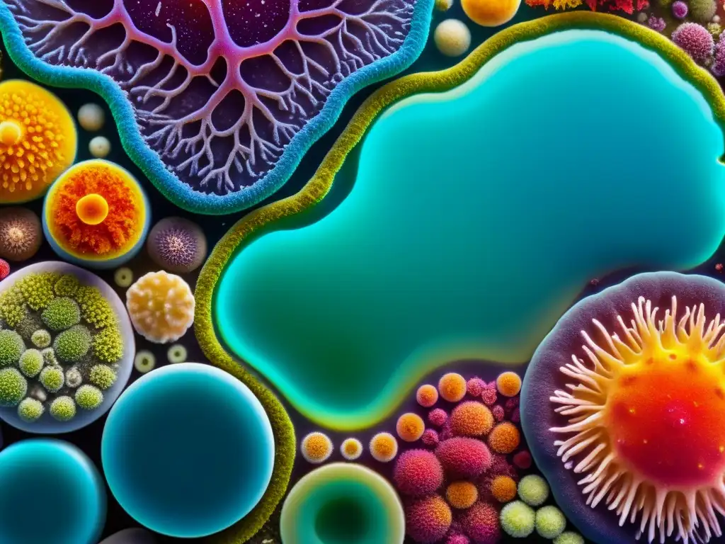 Microbioma vibrante: ecosistema microscópico diverso y colorido Detalle vibrante del microbioma, resaltando la importancia del microbioma en inmunidad