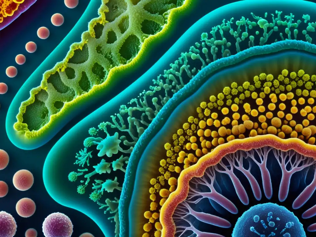 Microbiota intestinal: diversidad y vitalidad Detalle vibrante de microorganismos del microbioma intestinal