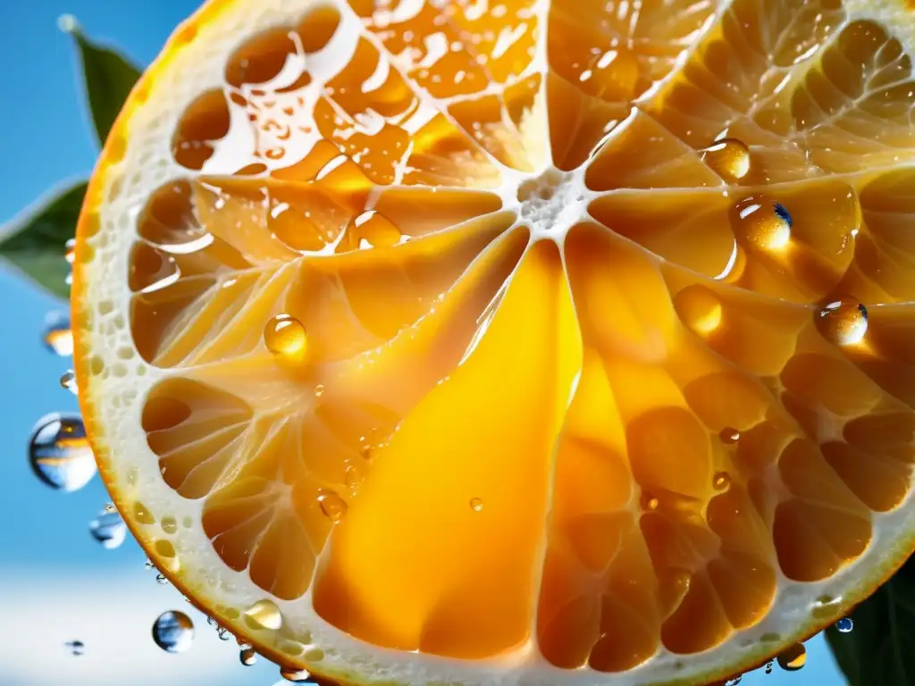 Exprimiendo jugo de naranja: detalle vibrante y fresco Detalle vibrante de exprimir una naranja, con jugo brillante capturando la importancia de la vitamina D en inmunidad
