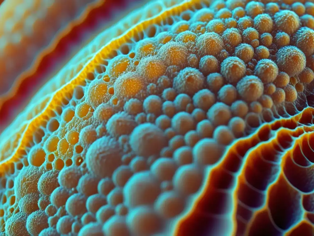 Transformación de la piel: detalle en microscopio Detalle vibrante de piel envejecida bajo microscopio, mostrando cambios en colágeno y elastina, así como acumulación de manchas y arrugas