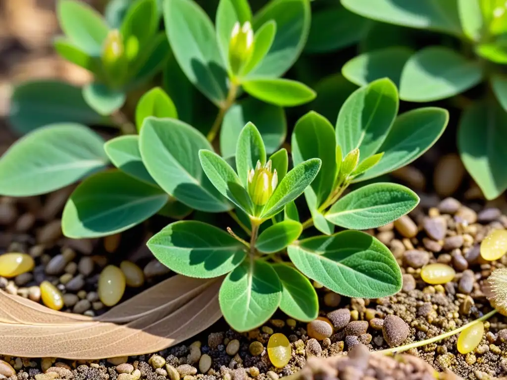 Detalle vibrante de la planta astrágalo en floración Detalle vibrante de planta astrágalo, con hojas intrincadas, flores delicadas y luz solar filtrándose entre el follaje