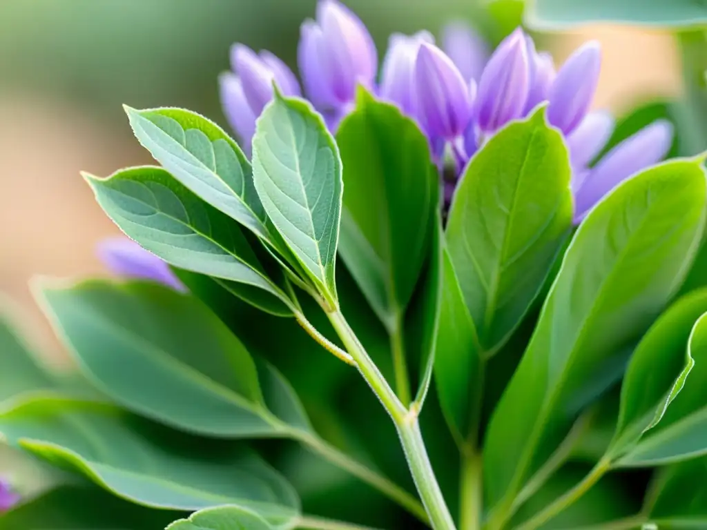 Astrágalo verde vibrante en primer plano Detalle vibrante de planta astrágalo verde con hojas palmeadas, flores moradas y semillas