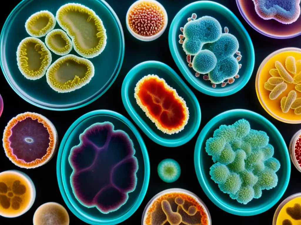 Colonia de probióticos y antibióticos en petri dish Detalle vibrante de probióticos y antibióticos en petri dish, mostrando la colaboración en el sistema inmunológico