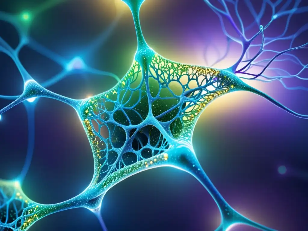 Red de Neuronas Brillante: Conexión entre Gratitud y Sistema Inmunológico Detalle vibrante de red neuronal en tonos azules, verdes y púrpuras, resaltando la importancia de la gratitud en inmunidad