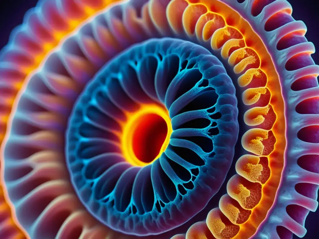 Intestino sano: red inmunológica y fertilidad Detalle vibrante de la sección transversal de un intestino humano sano, resaltando la red de vellosidades y capilares