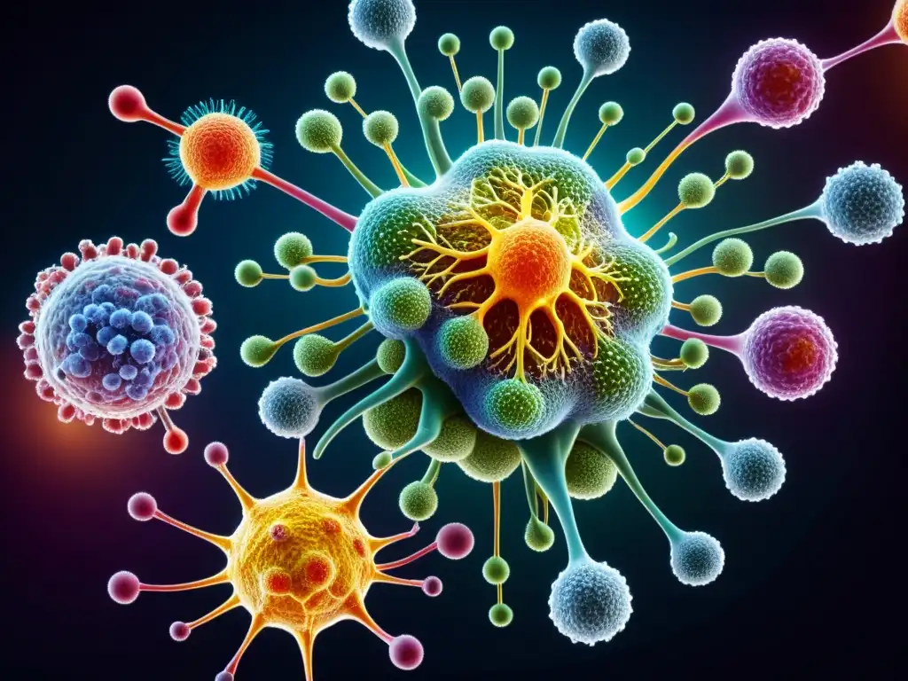 Detalle vibrante del sistema inmune humano a nivel celular, mostrando células T, células B, anticuerpos y patógenos