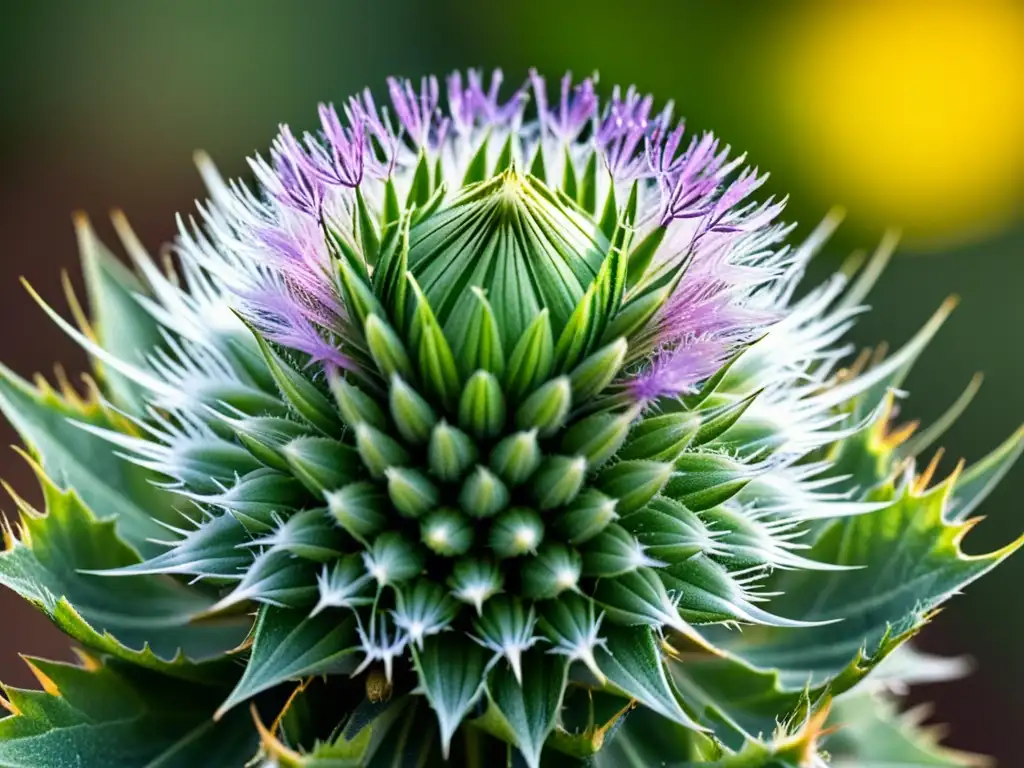 Detalles vibrantes de flor de cardo verde con rocío Detalle de cardo mariano con rocío, reflejando vitalidad y beneficios para el sistema inmunológico