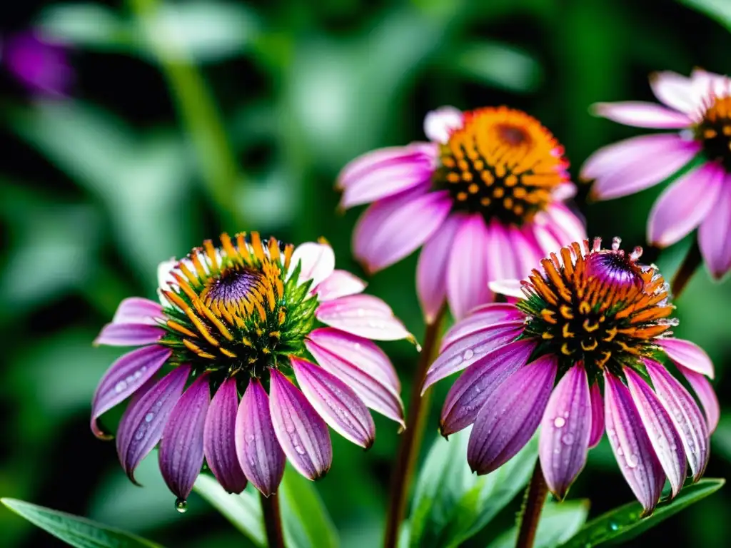 Echinacea purpurea: Belleza y vitalidad en detalle Detalle de equinácea púrpura con rocío, evocando vitalidad y beneficios para sistema inmunitario