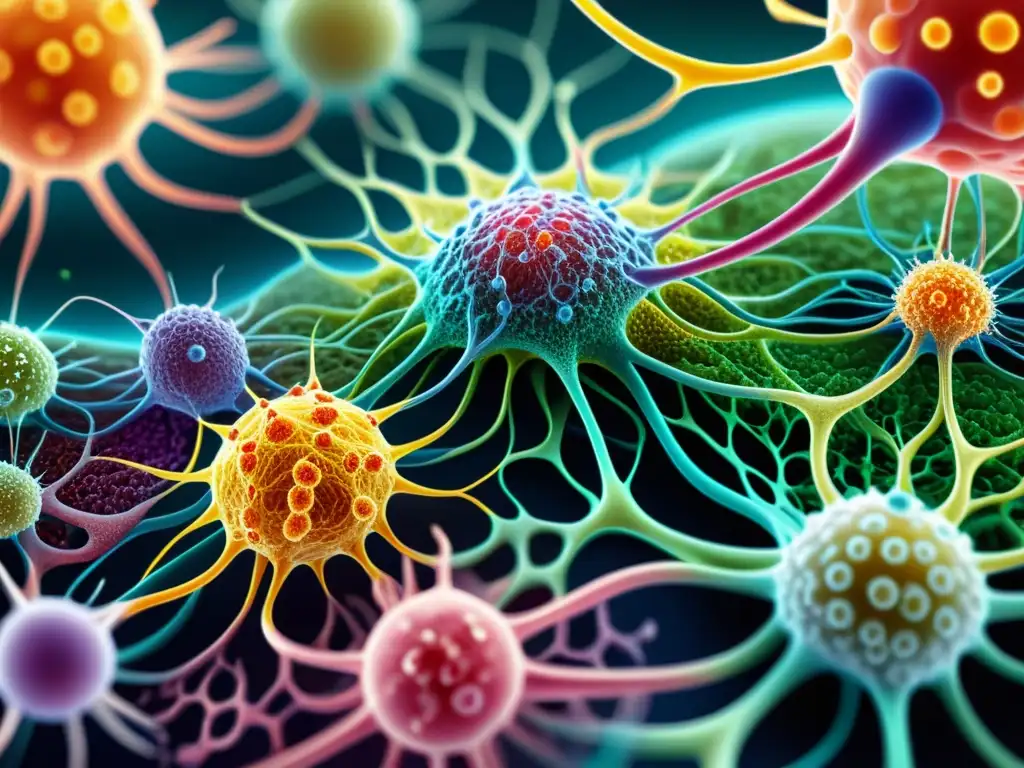 Increíble red de células del sistema inmune en arte digital Detalle vívido del intrincado sistema inmunológico en arte digital, resaltando la importancia de especialistas en seguro médico