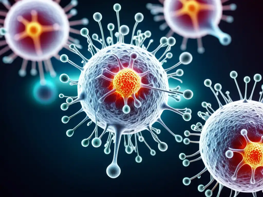 El sistema inmune en acción: defensa contra virus y bacterias Detalle vívido del sistema inmunológico humano en acción, con células blancas neutralizando virus y bacterias