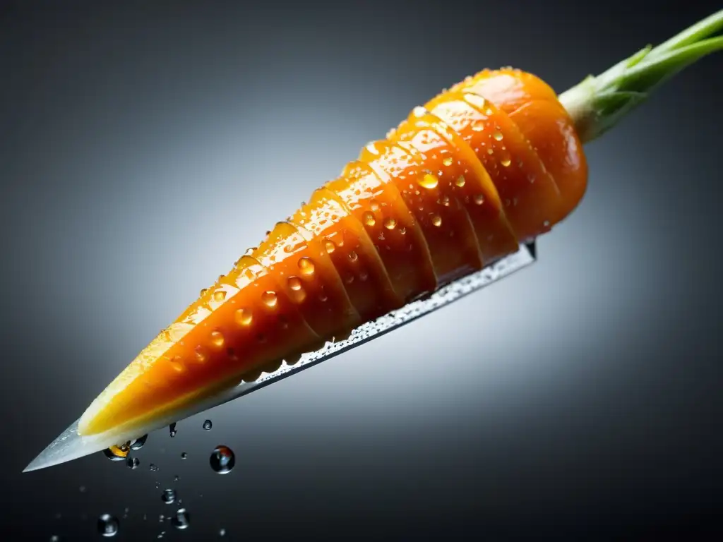 Sabores vibrantes: corte fresco de zanahoria naranja Detalle de una zanahoria naranja vibrante siendo cortada, con gotas de agua brillando en la superficie