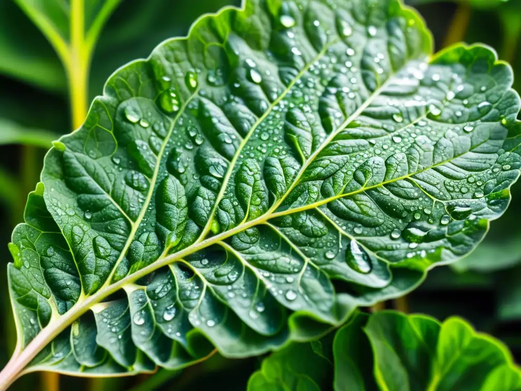Frescura natural: hoja verde con gotas de rocío Detalles en alta definición de una hoja de vegetal verde con gotas de rocío, resaltando la importancia del ácido fólico para el sistema inmunológico
