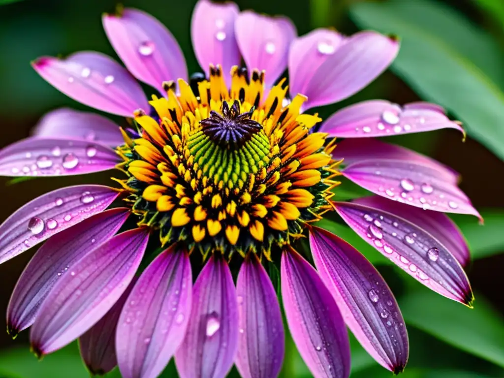 Flor de Equinácea Púrpura con Rocío: Belleza Natural Detalles asombrosos de una equinácea púrpura con rocío, resaltando su pureza y frescura