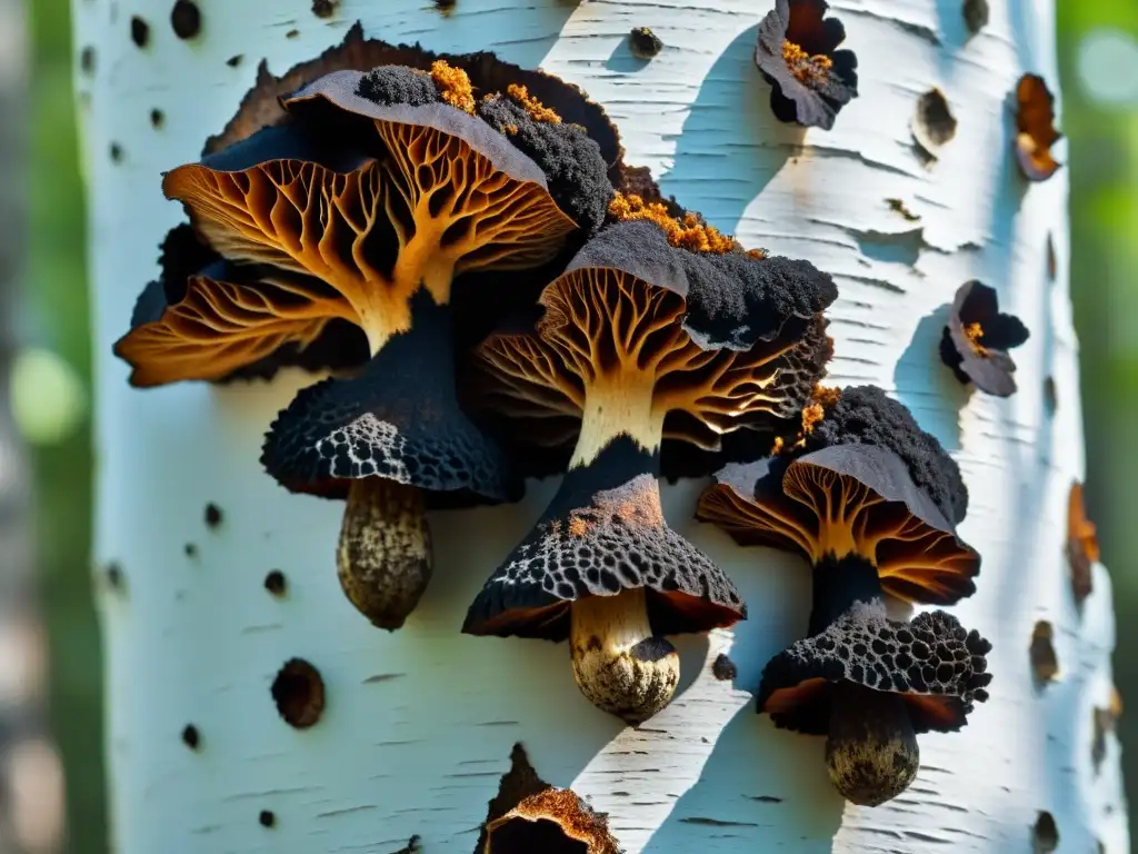 Detalles impresionantes: Hongos Chaga en un abedul Detalles asombrosos de hongos Chaga creciendo en un abedul