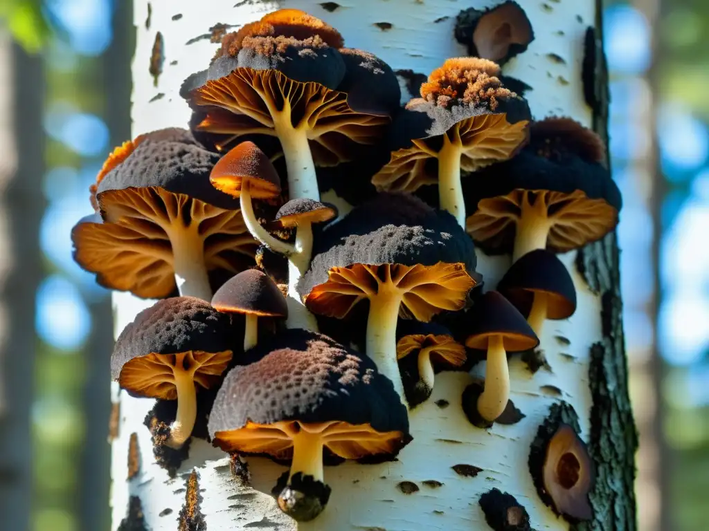 Detalles mágicos: Clúster de Chaga en abedul Detalles asombrosos de hongos Chaga en el bosque