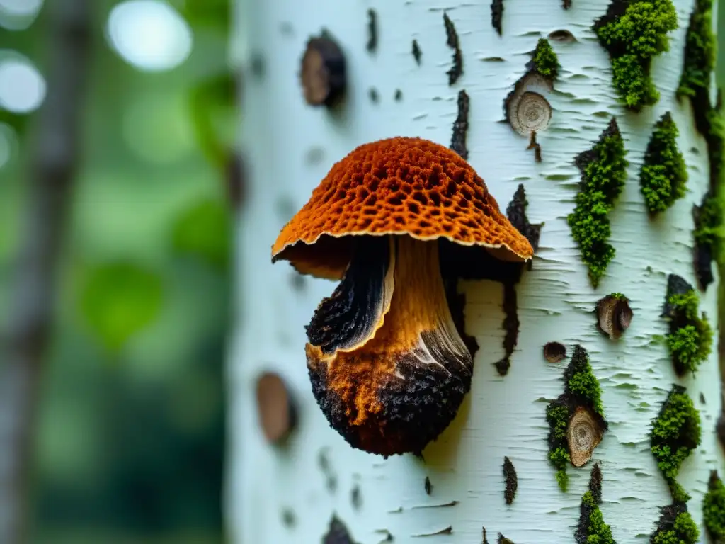 Detalles asombrosos del hongo Chaga en el árbol de abedul Detalles fascinantes del hongo Chaga en un árbol de abedul