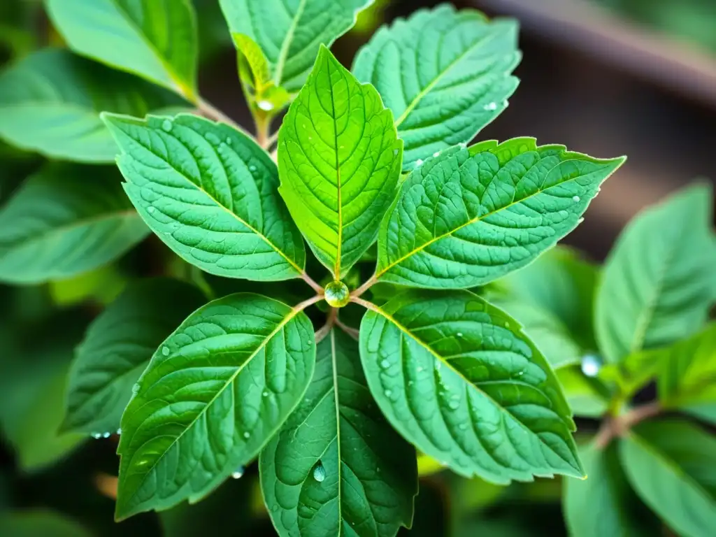Detalles impresionantes de las hojas verdes vibrantes de la albahaca sagrada cubiertas de gotas de agua, resaltando su belleza natural