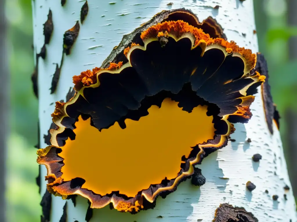 Chaga: Belleza Orgánica en el Bosque Detalles impresionantes de hongos Chaga silvestres en un árbol de abedul