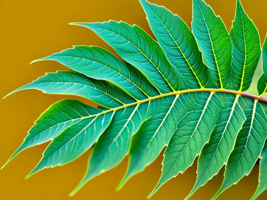 Detalle fascinante: hoja de neem en luz natural Detalles intrincados de una hoja de neem bañada en suave luz natural