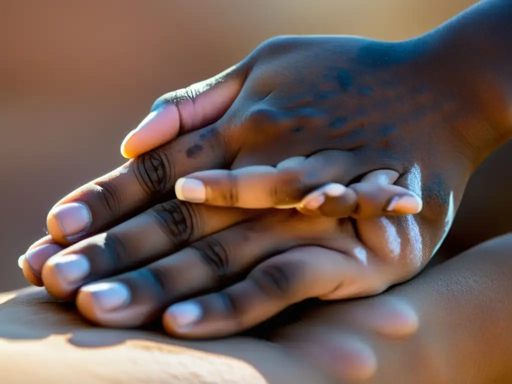Contraste emocional: Detalles de vitiligo en manos Detalles de manos con vitiligo, expresión emocional, necesidad de tratamientos repigmentantes y apoyo emocional