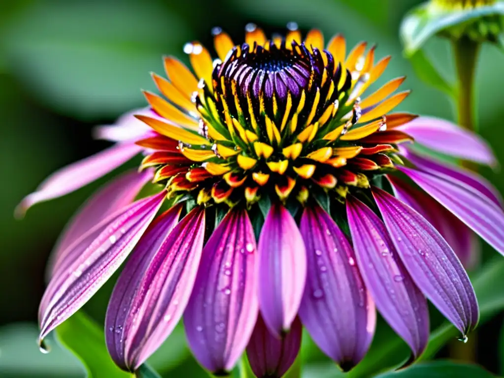 Púrpura Echinacea: Belleza y Poder Curativo Detalles vibrantes de una equinácea púrpura con rocío, evocando pureza y vitalidad
