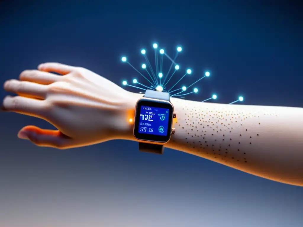 Monitoreo de piel: Sensores avanzados en el antebrazo Detección temprana de alergias: tecnología en la piel para monitorear parámetros en tiempo real en un entorno futurista y minimalista