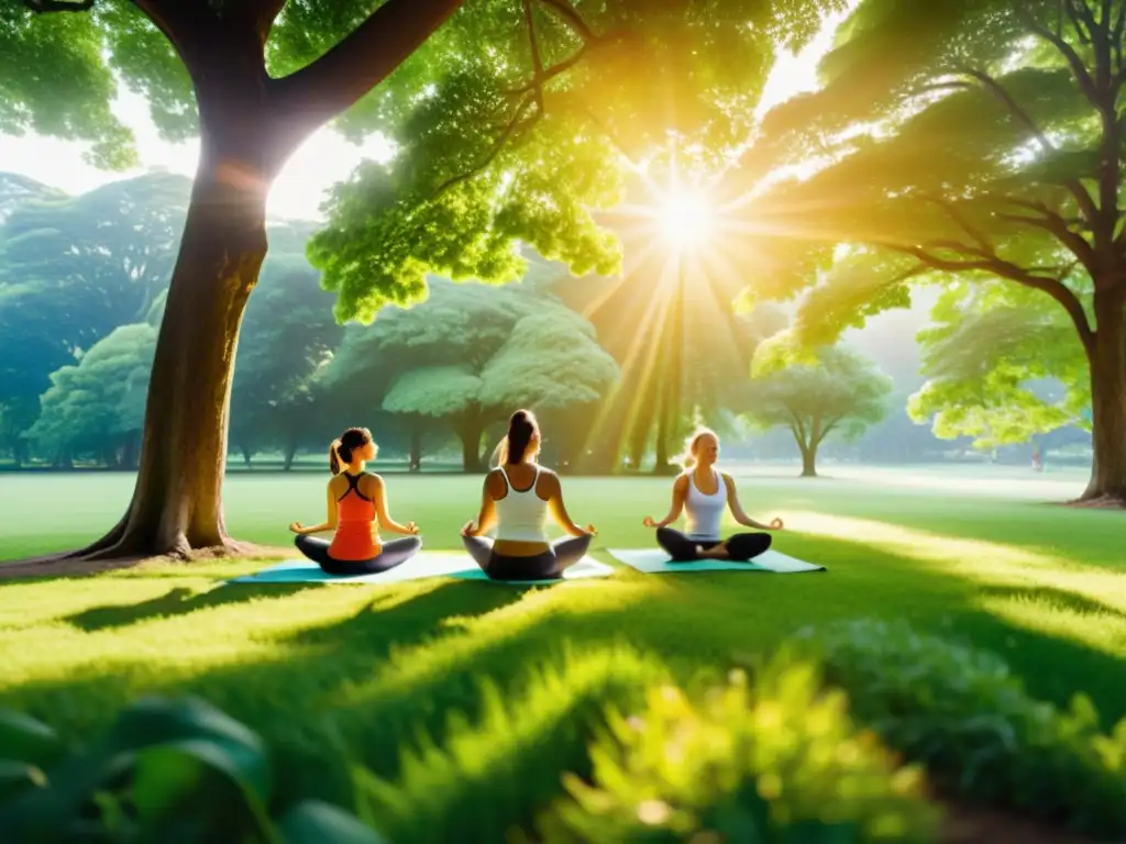 Actividades al aire libre bajo el sol: yoga, jogging y bienestar Un día soleado en el parque: adultos practican yoga y corren bajo el sol, fortaleciendo su inmunidad