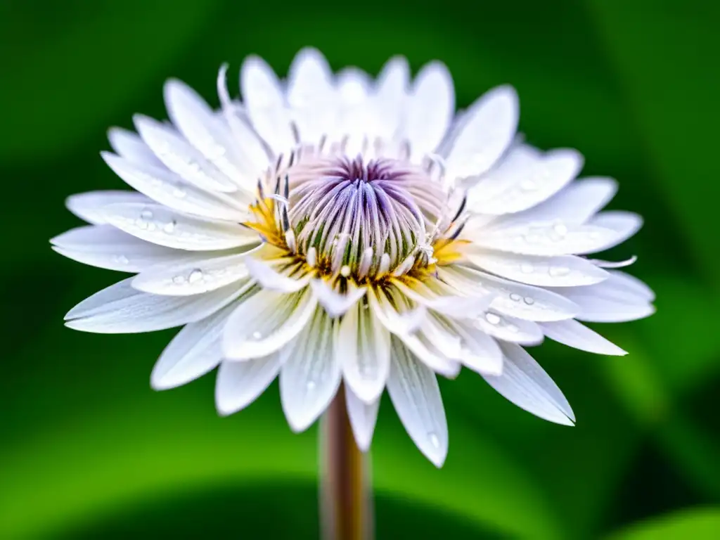 Una diente de león vibrante con gotas de agua, simbolizando vitalidad y salud para el sistema inmunológico y el hígado