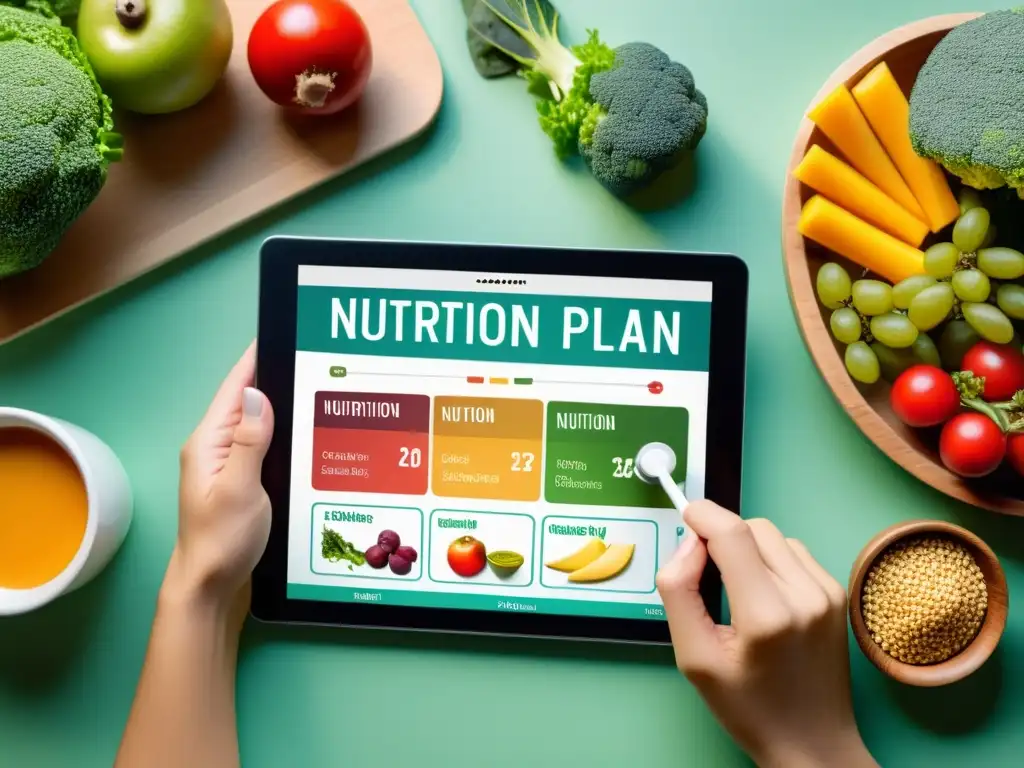 Un dietista crea un plan de nutrición personalizado en una tableta, enfocándose en nutrición personalizada para inmunodeficiencias