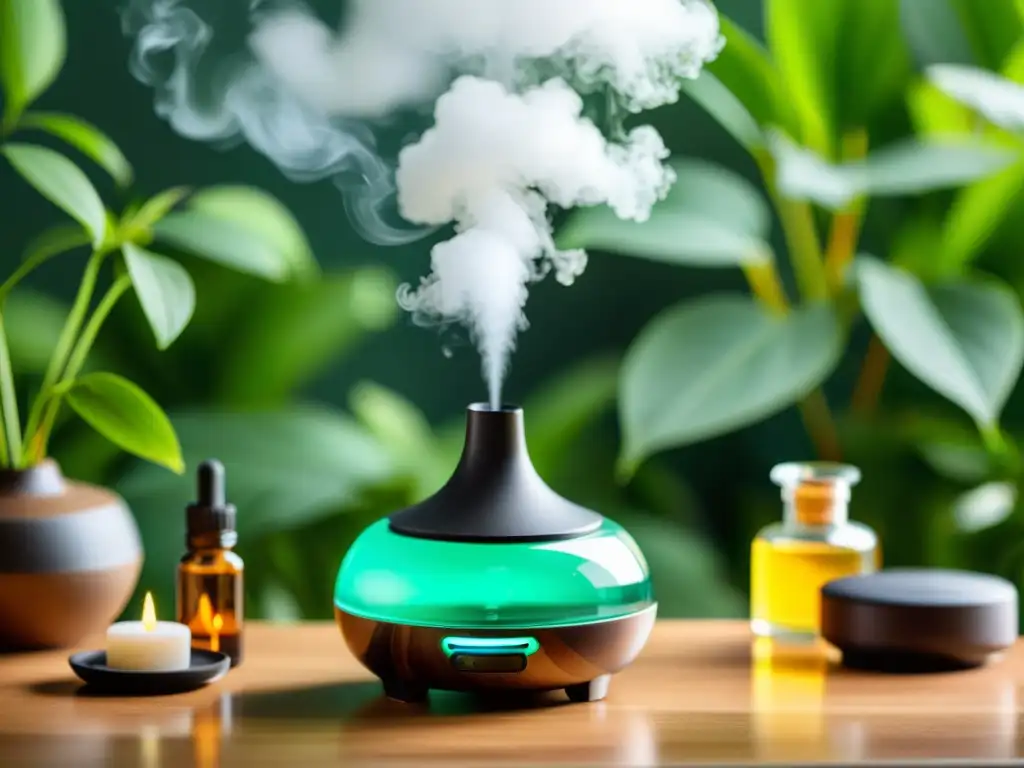 Difusor de aceites esenciales: equilibrio y bienestar natural Un difusor de aceites esenciales moderno rodeado de botellas de aceites esenciales en colores vibrantes