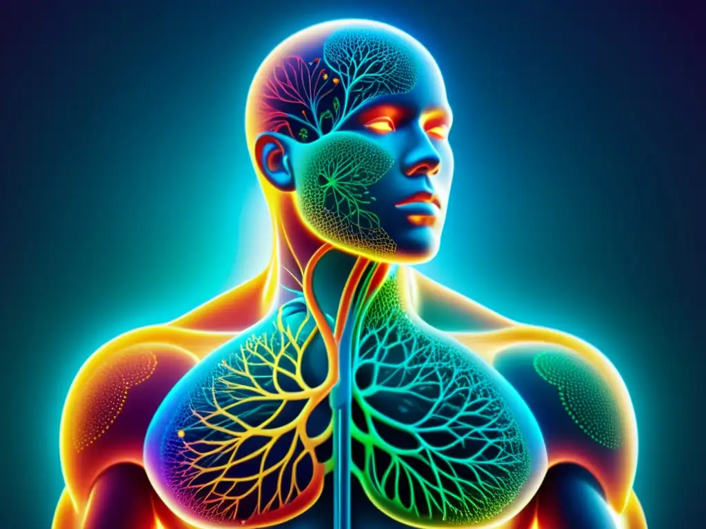 Ilustración digital: Estrés y sistema inmune Ilustración digital detallada de un cuerpo humano con líneas vibrantes que representan los sistemas interconectados