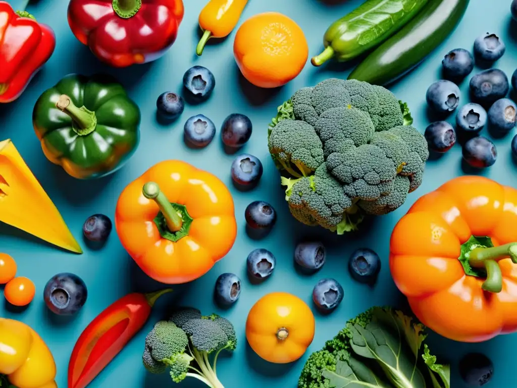 Ilustración digital vibrante de frutas y verduras: vitalidad y salud Una ilustración digital vibrante y detallada de frutas y verduras coloridas, como arándanos, col rizada, naranjas y pimientos, que muestra su rica y diversa gama de fitonutrientes