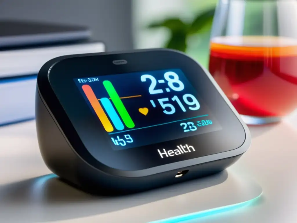 Dispositivo iHealth Track mostrando datos de presión arterial e inmunológicos en visualizaciones dinámicas, en un entorno hogareño moderno y cálido