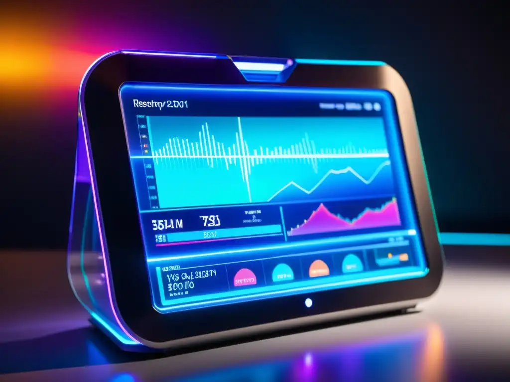 Dispositivo futurista muestra datos del sistema inmune Un dispositivo futurista muestra datos coloridos del sistema inmune en gráficos detallados, rodeado de una iluminación suave