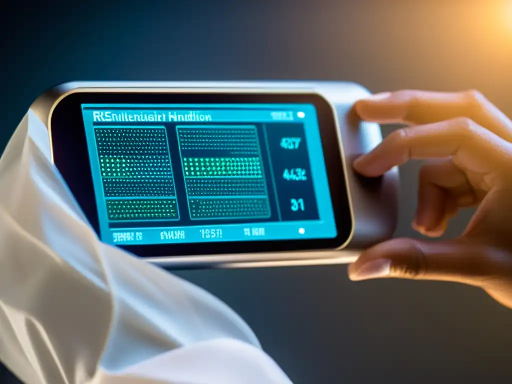 Dispositivo futurista muestra datos inmunológicos avanzados en laboratorio Dispositivo futurista muestra datos inmunológicos con científicos en laboratorio, simbolizando dispositivos monitoreo inmunológico avanzados futuros