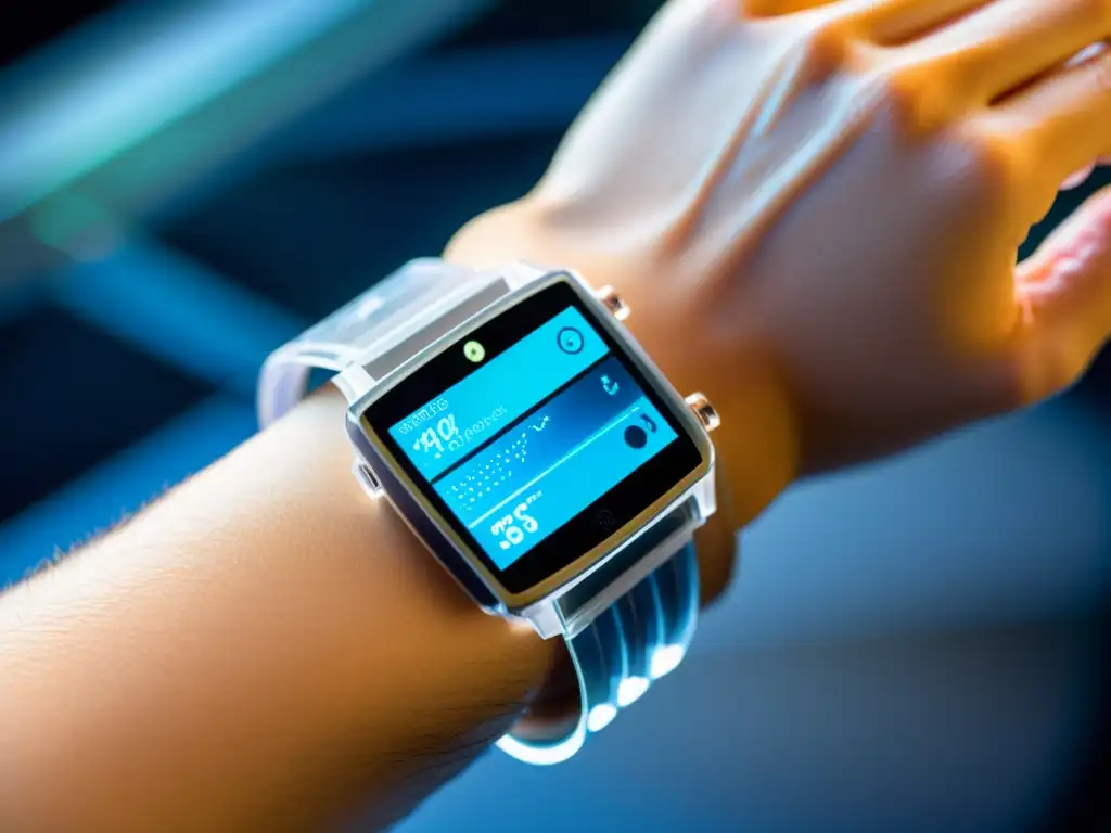 Análisis de Sudor Futurista para Monitoreo de Salud Un dispositivo futurista y elegante para analizar el sudor inmune, mostrando datos bioquímicos detallados en una pantalla transparente
