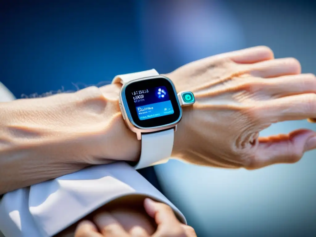 Dispositivo futurista para inmunidad en ancianos Un dispositivo futurista para el monitoreo de inmunidad en ancianos, con sensores biométricos, usado en la muñeca de una persona mayor en un entorno médico estéril y moderno