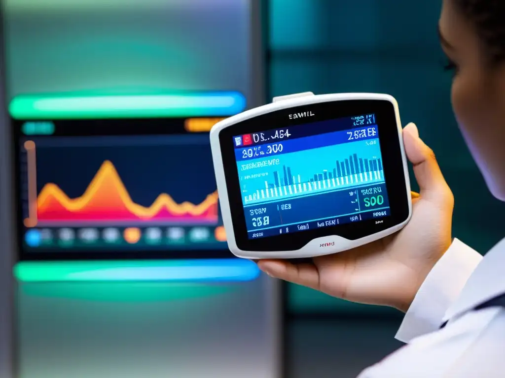 Dispositivo de monitoreo inmunológico de alta tecnología en acción Un dispositivo futurista de monitoreo inmunológico avanzado mostrado por un profesional de la salud en un entorno clínico iluminado y estéril