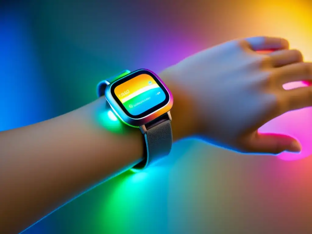 Dispositivo futurista para niños: inmunidad y diversión Un dispositivo futurista para niños, con luces LED vibrantes que indican sus funciones de monitoreo y fortalecimiento del sistema inmune