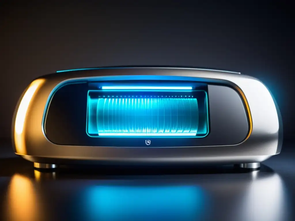 Dispositivo futurista para medir estrés oxidativo Un dispositivo futurista y preciso para medir estrés oxidativo, con diseño avanzado y luces LED brillantes en un fondo oscuro