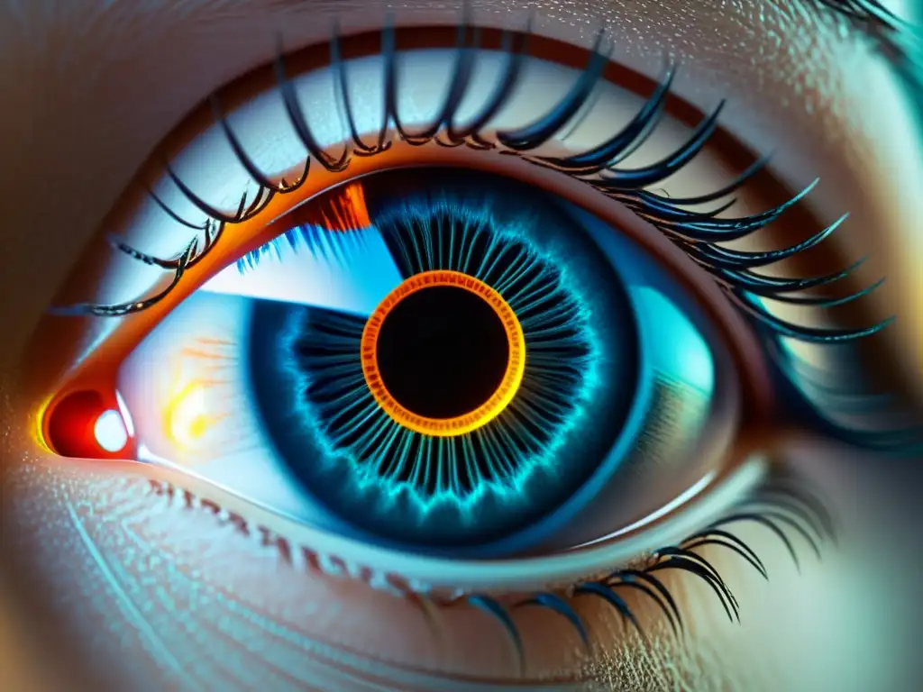 Escáner de retina futurista: detección avanzada de enfermedades autoinmunes Un dispositivo futurista escanea la retina, destacando la detección precoz de enfermedades autoinmunes en un entorno médico avanzado