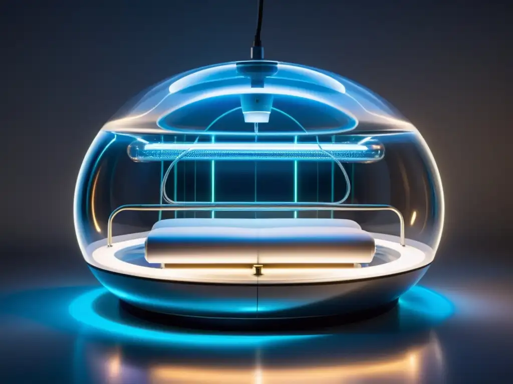 Pod médico futurista: innovación inmunológica Dispositivo médico futurista con líquido luminescente, simbolizando la importancia del sistema inmunológico humano