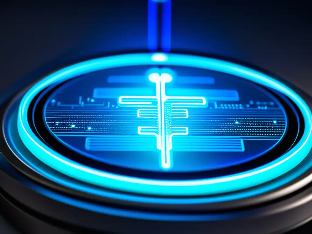 Dispositivo médico futurista con luces azules brillantes, utilizado en chequeos inmunológicos para el plan de salud, reflejando precisión e innovación