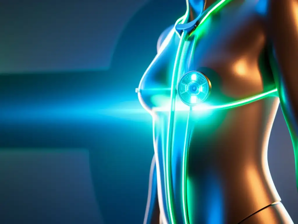 Avanzada tecnología médica para el sistema inmunitario Un dispositivo médico futurista con luces azules y verdes brillantes, circuitos intrincados y diseño moderno