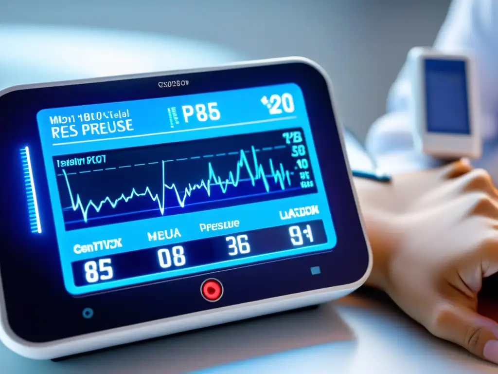 Monitor médico 8k: presión sanguínea y sistema inmune Un dispositivo médico moderno muestra presión arterial en tiempo real y su relación con el sistema inmune en una interfaz futurista