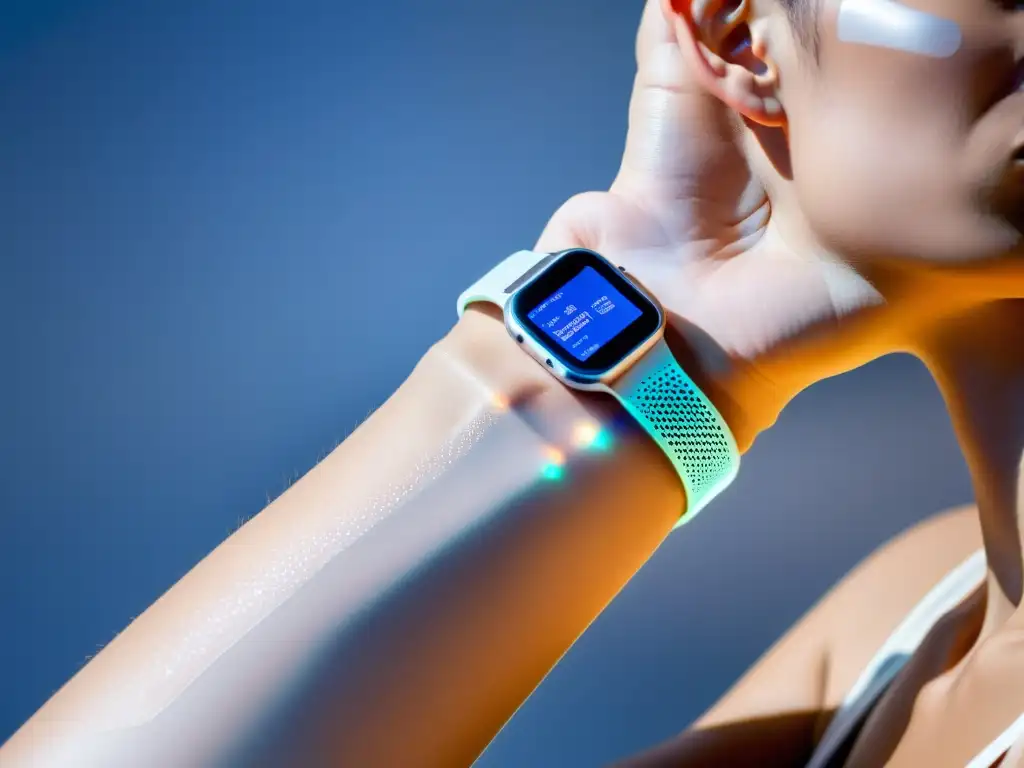 Dispositivo portátil de monitoreo avanzado de la piel: tecnología de vanguardia para la detección temprana de alergias Dispositivo moderno adherido a la piel, capturando datos de salud dermatológica