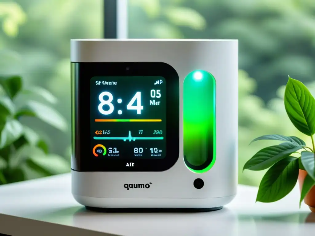 Monitor de calidad del aire: diseño moderno y datos en tiempo real Un dispositivo moderno y elegante de monitoreo de calidad del aire en una mesa blanca limpia, iluminado por luz natural, con datos de calidad del aire en pantalla y vegetación exuberante en el entorno, destacando la importancia de los dispositivos de monitoreo de calidad del aire para la salud y el bienestar