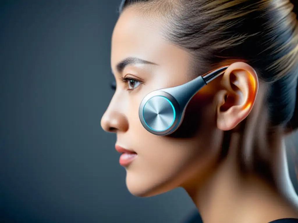 Dispositivo de monitoreo auditivo ultramoderno Un dispositivo moderno para monitoreo auditivo, con diseño futurista y tecnología avanzada