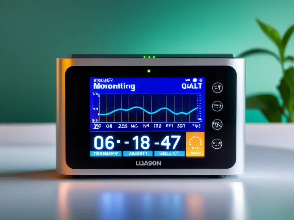 Monitor de calidad del aire: Tecnología de vanguardia Dispositivo moderno de monitoreo de calidad del aire, mostrando datos en tiempo real