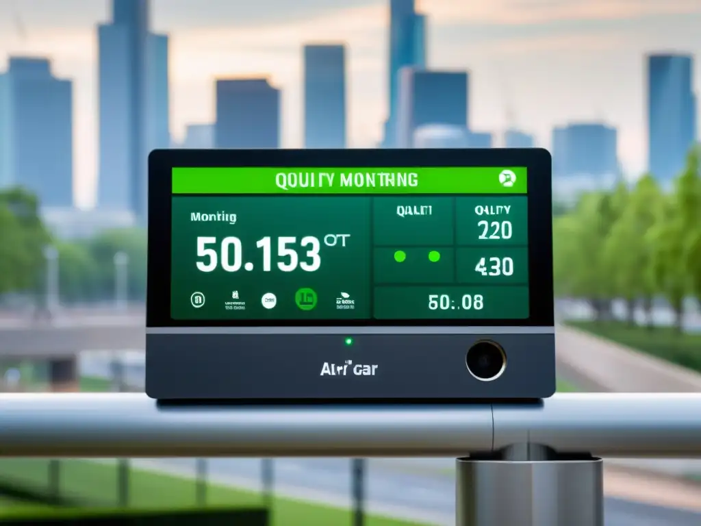 Monitor de calidad del aire en entorno urbano Un dispositivo moderno de monitoreo de calidad del aire, ubicado en un entorno urbano limpio y luminoso, mostrando datos en tiempo real